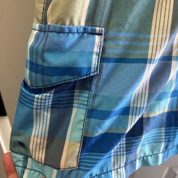 EUC Tommy Bahama size Small men’s swim trunks. Blue plaid. Drawstring. Pockets - Picture 3 of 8